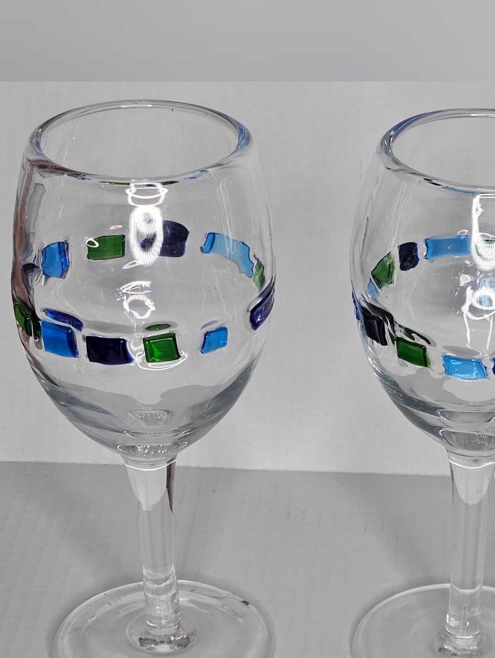 Two Global Amici Harlequin II (Blue & Green) Water/ Wine Goblets Fused Art Glass
